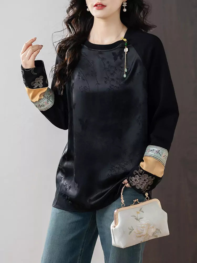 Neue chinesische Bluse im Jacquard-Stil mit Stickerei, Rundhalsausschnitt und langen Ärmeln für Damen