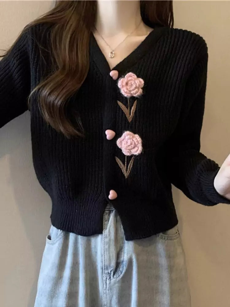 Vintage-Inspired V-Neck Crochet Floral Knit Cardigan for Women