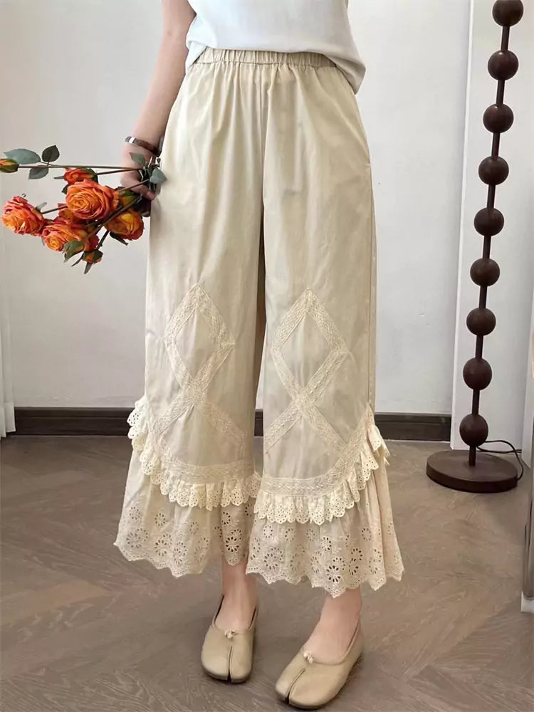 Pantalones de campana de cintura alta con capas y ribete de encaje bordado estilo Sweet Mori para mujer