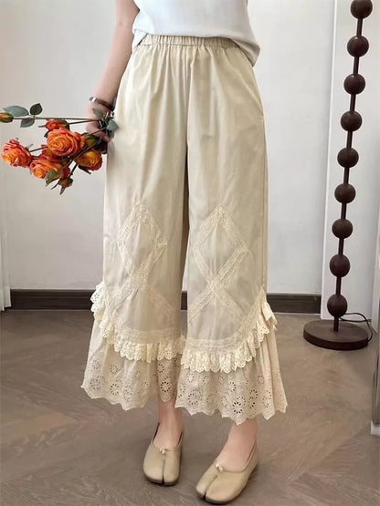 Pantalones de campana de cintura alta con capas y ribete de encaje bordado estilo Sweet Mori para mujer