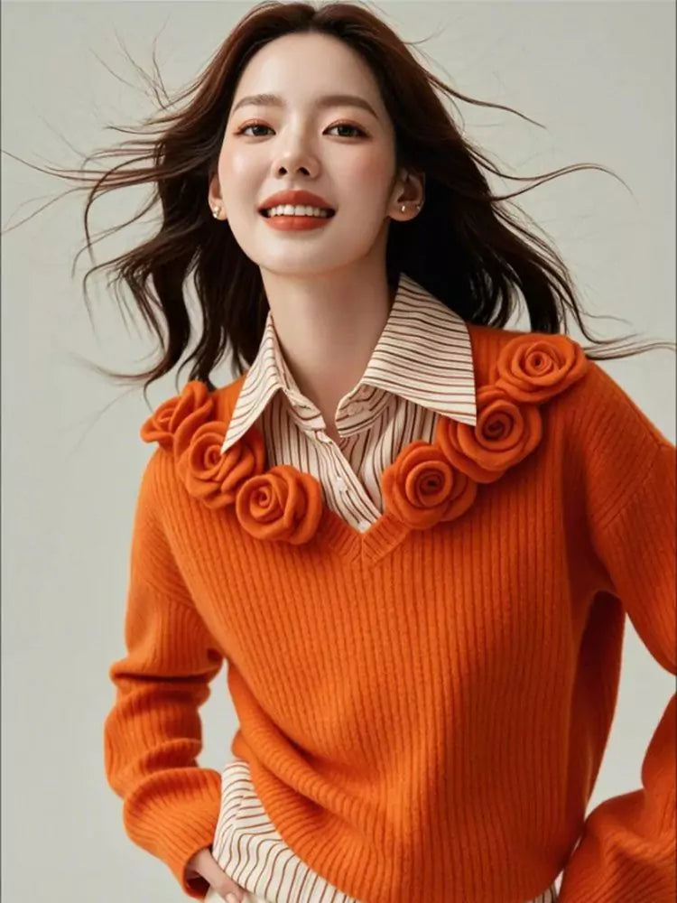 Schickes orangefarbenes 3D-Blumenstrick- und Streifenshirt (zweiteiliger Look)