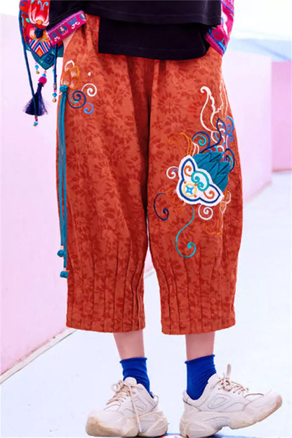 Pantalones bombachos holgados con bordados estilo bohemio para mujer