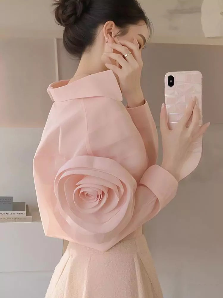 French Style Pink 3D Floral Embellished Elegant Summer Blouse for Women