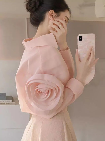 Elegante Sommerbluse im französischen Stil, rosa, mit 3D-Blumenapplikationen, für Damen
