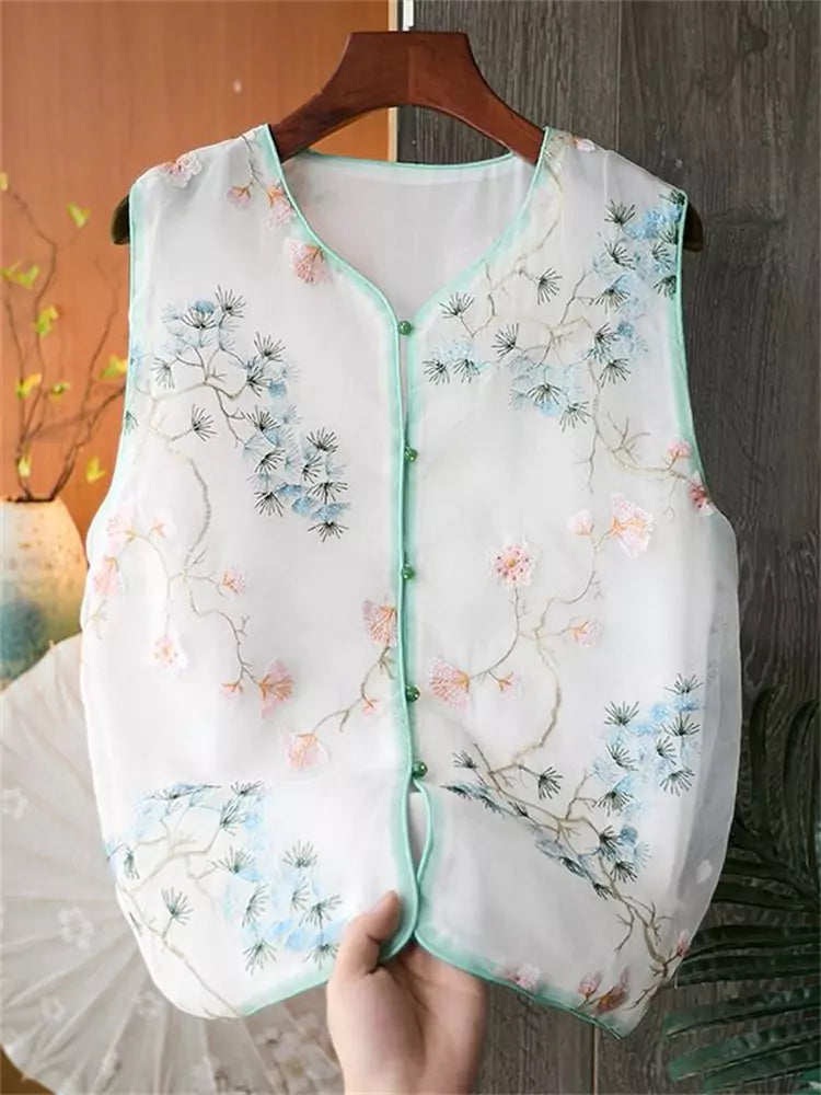 Vintage White Embroidered Sleeveless Vest Top with Side Slits for Women