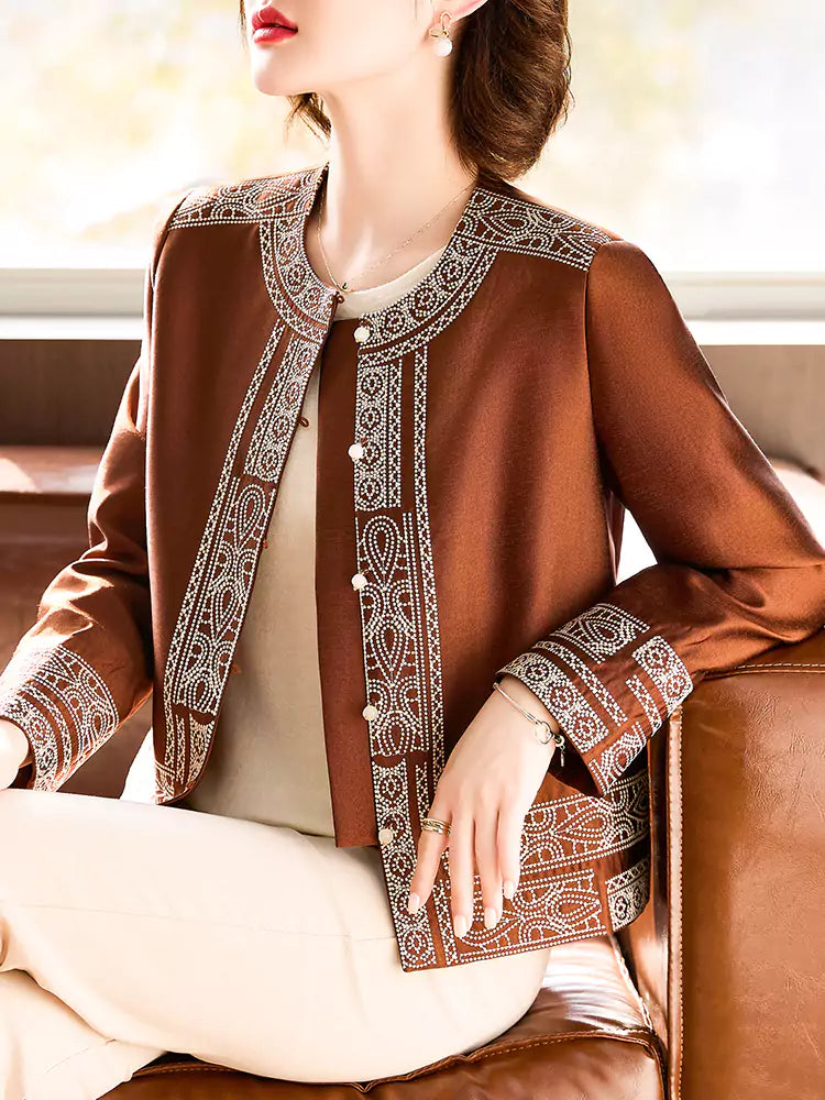 Vintage Jacquard Mulberry Silk Round-Neck Jacket for Women – Retro Tang-Style Top