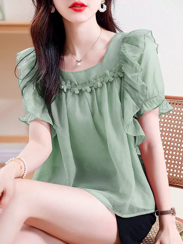Elegant Green Chiffon Lace Blouse with Short Sleeves for Women