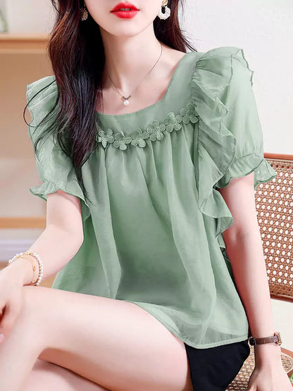 Elegante rosa Chiffon-Spitzenbluse mit kurzen Ärmeln für Damen