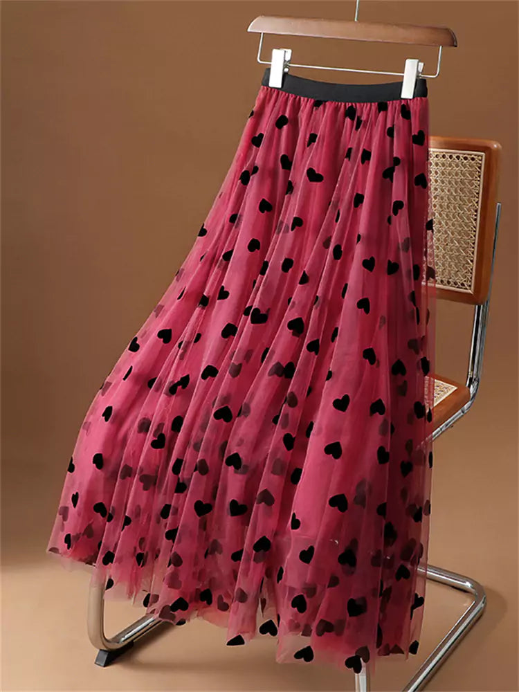 Hochwertiger roter Midirock aus beflocktem Tüll im französischen Vintage-Stil mit Herzmuster für Damen