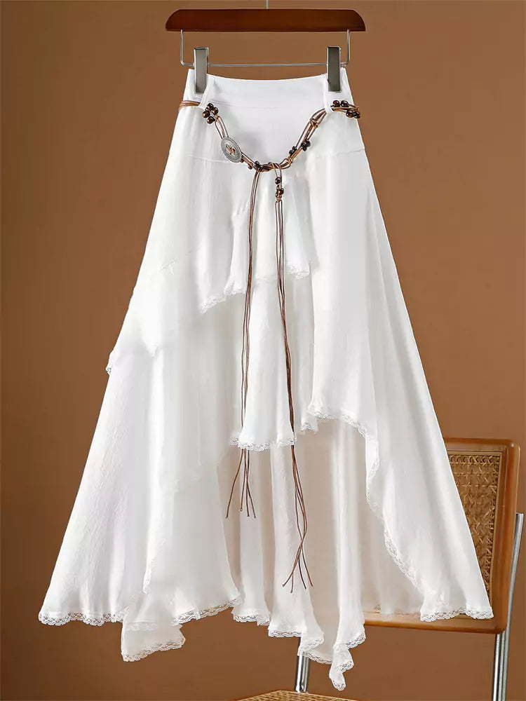 Asymmetrischer A-Linien-Midirock aus Baumwoll-Leinen-Mischgewebe mit Spitzenbesatz für Damen