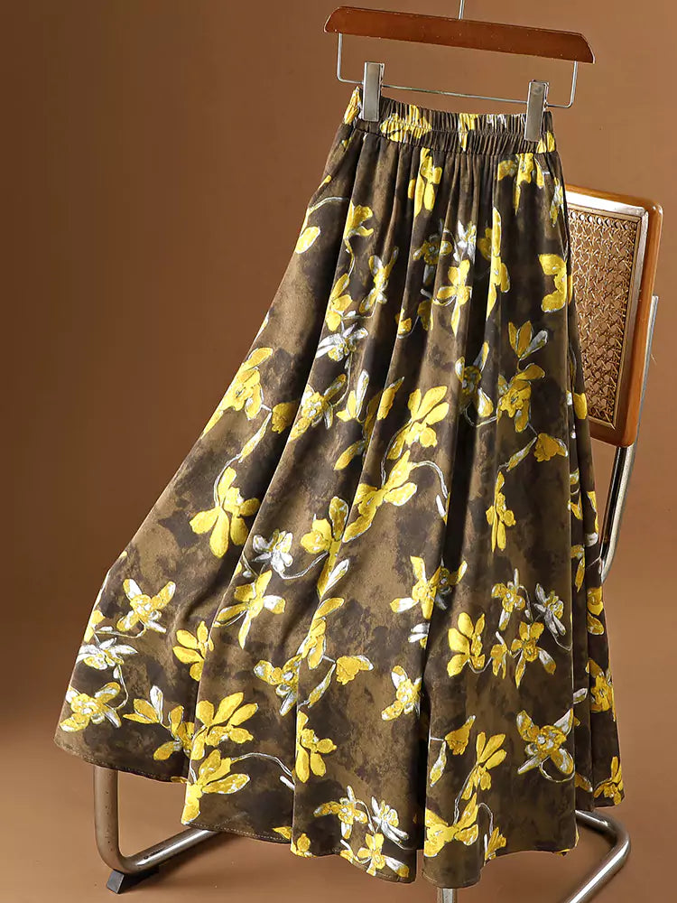 Sommerlicher gelber, geblümter A-Linien-Rock mit hohem Bund und Taschen für Damen