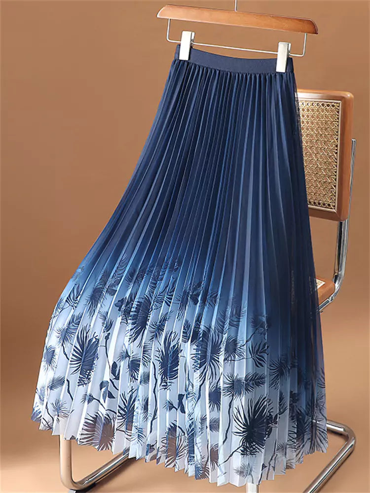 Blauer Ombré-Plissee-Midirock aus Mesh für Damen – Bedrucktes A-Linien-Design mit figurformender Wirkung