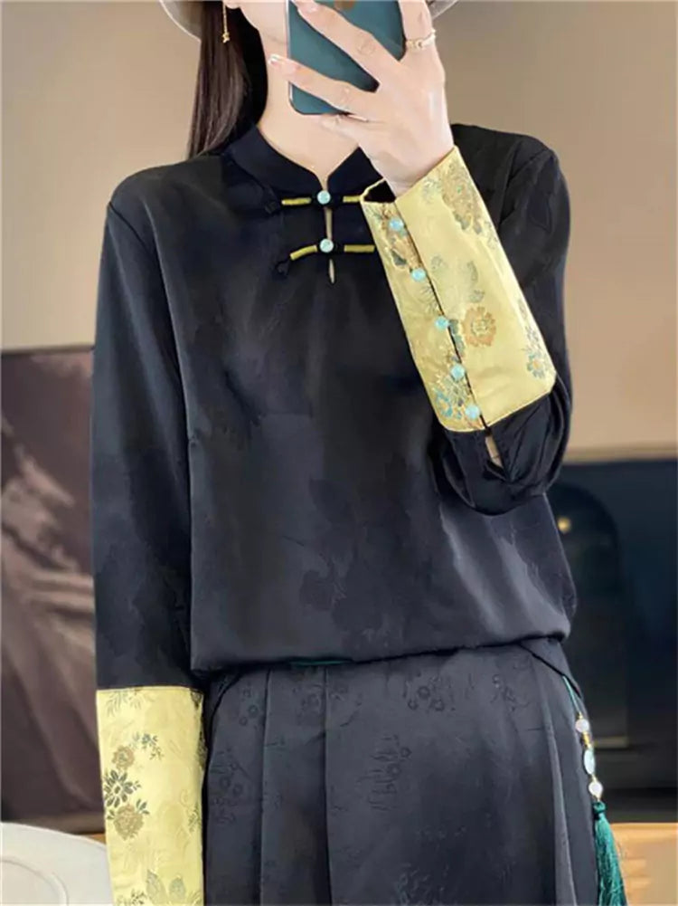 Neue, champagnerfarbene Bluse im chinesischen Stil mit Stehkragen und Stickerei für Damen – Kontrastbesatz und Froschknopf-Design