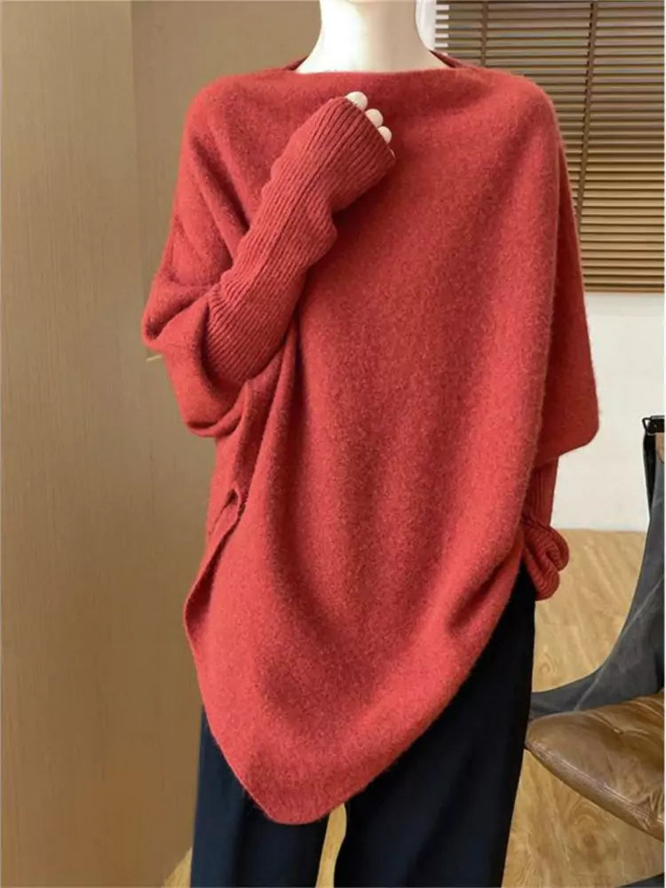 Wool Knit Camel Boat Neck Poncho Sweater – Loose Pullover Mid-Length Shawl for Autumn & Winter