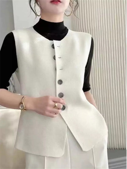 Elegante, taillierte Weste aus weißer Wolle für Damen – ärmellos, schmal geschnitten, Rundhalsausschnitt