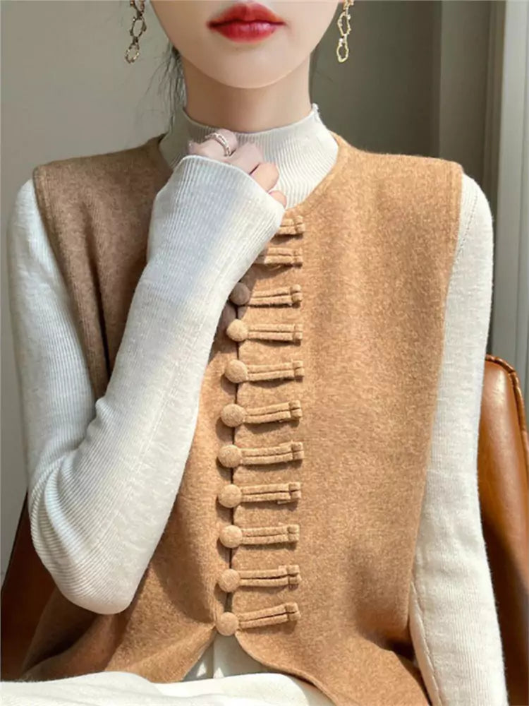 Nuevo chaleco de punto estilo chino color camello para mujer, otoño/invierno, sin mangas, holgado, con cierre de botón de rana