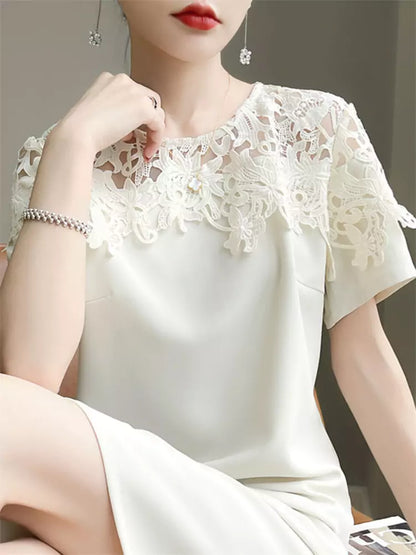 Schwarzes Kleid aus Acetat-Seidenspitze für Damen – Elegantes Midikleid mit kurzen Ärmeln