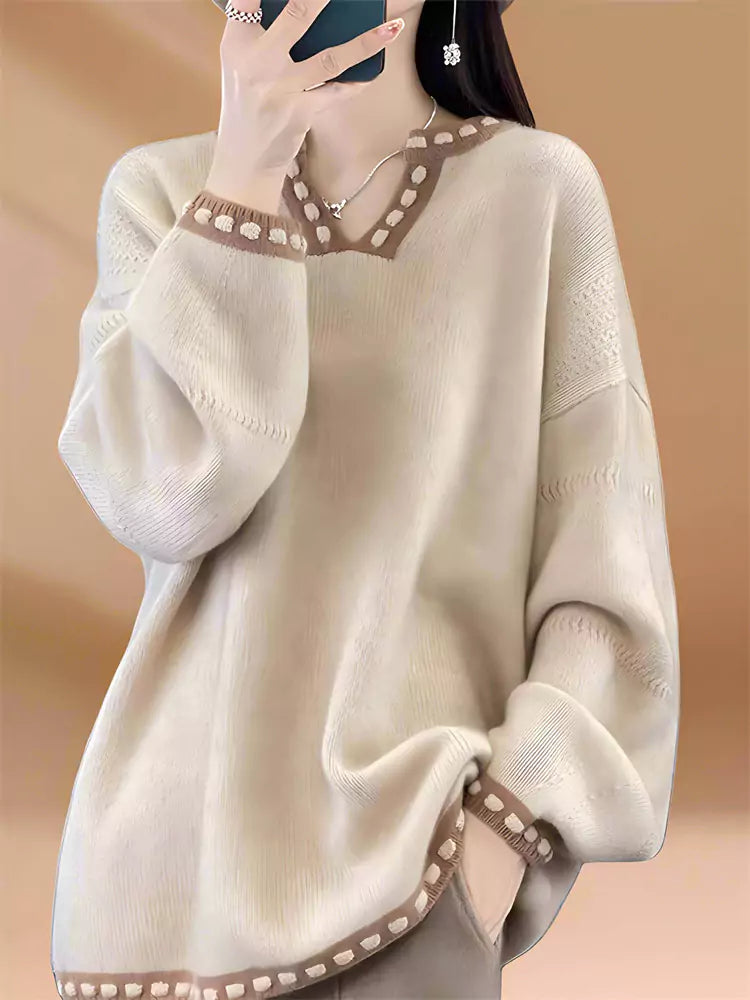 Colorblock Long Knit Sweater for Women – Cozy Oversized Mid-Length Pullover