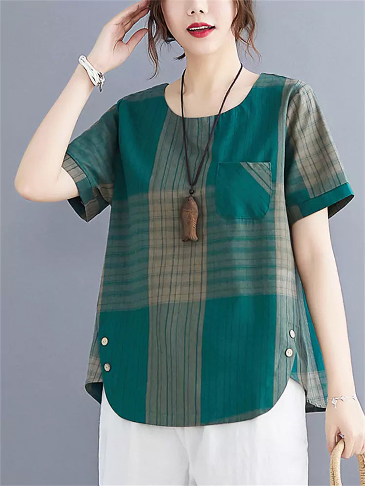 Loose Fit Plaid Short Sleeve Cotton Linen Top for Women