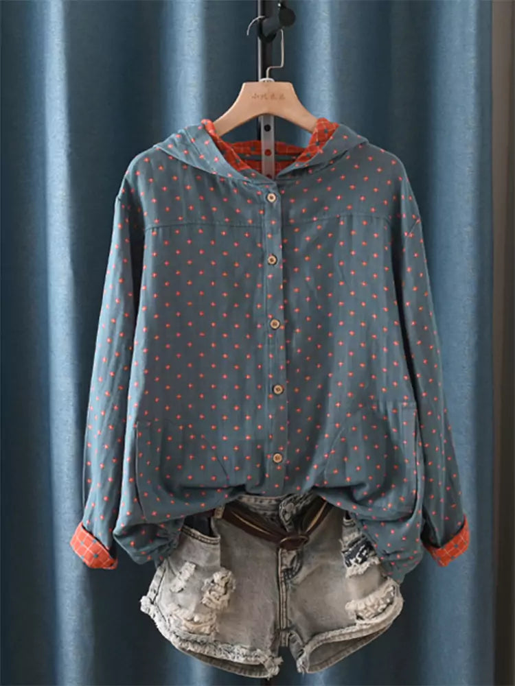 Comfortable Casual Double-Layer Cotton Gauze Checkered Printed Jacket with Hood for Women