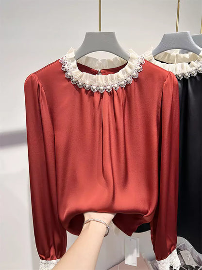 Elegante, plissierte Chiffonbluse mit Perlenbesatz, Stehkragen und langen Ärmeln im französischen Stil für Damen