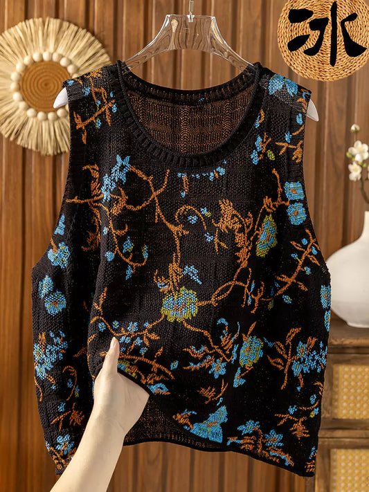 Locker geschnittene, leichte Strickweste aus bedruckter Eisseide für Damen