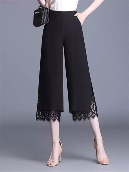 Pantalones rectos cortos de cintura alta con encaje y retazos de gasa elegantes para mujer