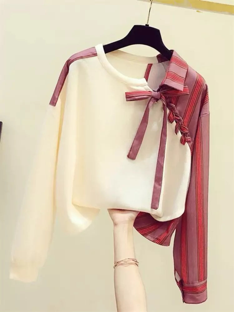 Stylish Lace Up Striped Patchwork Asymmetric Sweatshirt for Women
