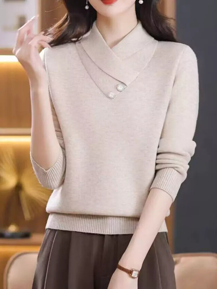French Style Elegant Cross Collar Knit Sweater for Women