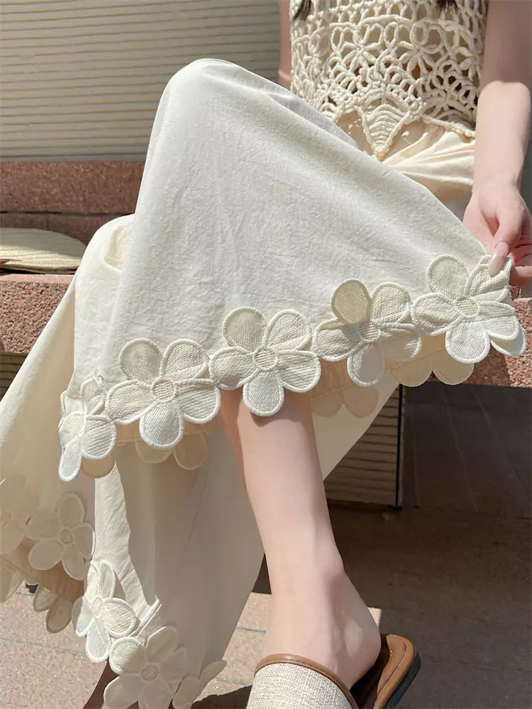 Pantalones de algodón de cintura alta y pierna ancha con diseño floral de patchwork para mujer