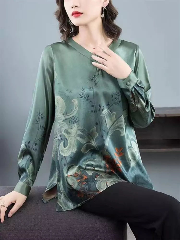 Plus Size Loose Fit Printed Mulberry Silk Blouse for Women