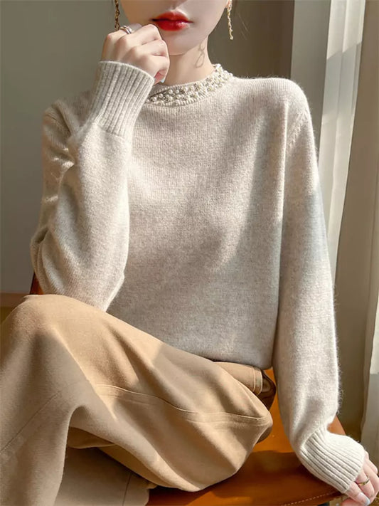 Suéter vintage de punto cálido con cuentas para mujer