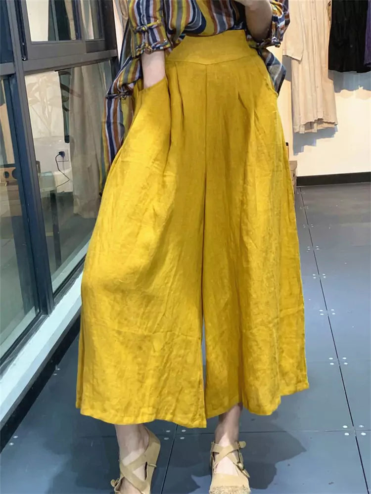 Artistic Minimalist Solid Color Pleated Culottes – Loose Fit Linen Wide-Leg Pants for Women