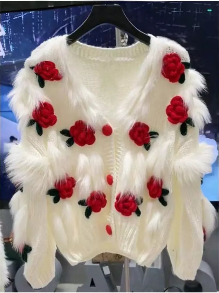 Cárdigan de crochet con rosas 3D y detalles florales peludos para mujer
