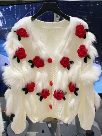 Cárdigan de crochet con rosas 3D y detalles florales peludos para mujer