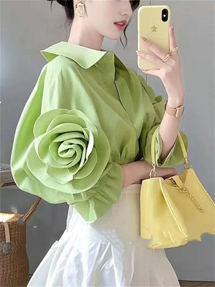 Chic High-End Green Short Sleeve Shirt with 3D Floral Design for Women