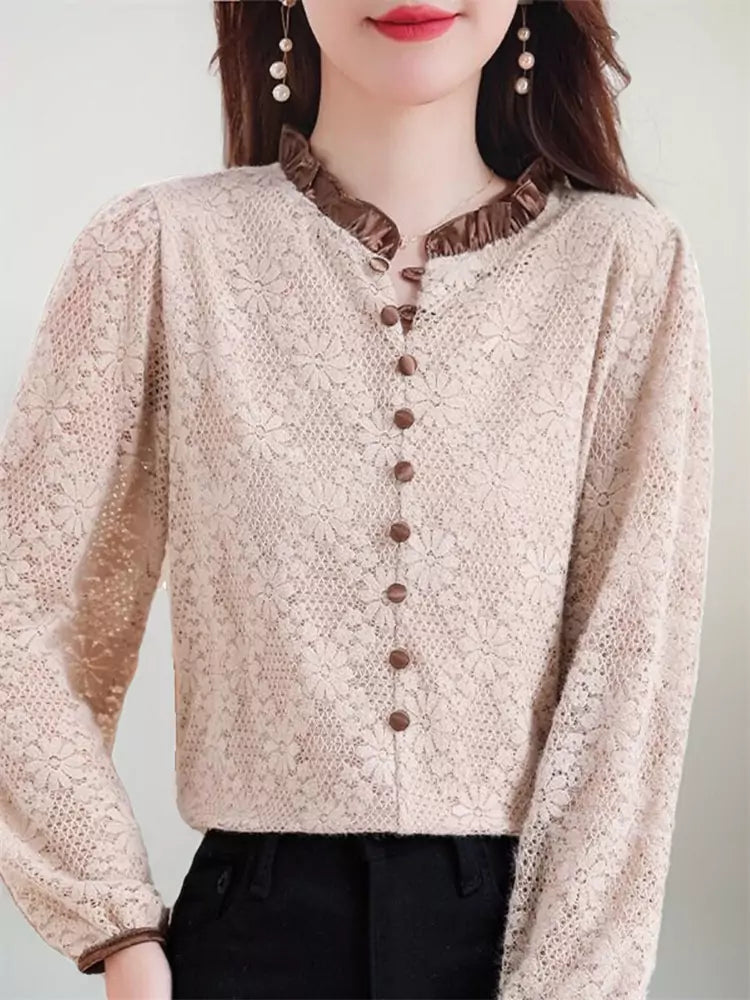 Elegante camisa de jacquard de manga larga estilo francés con cuello con volantes para mujer