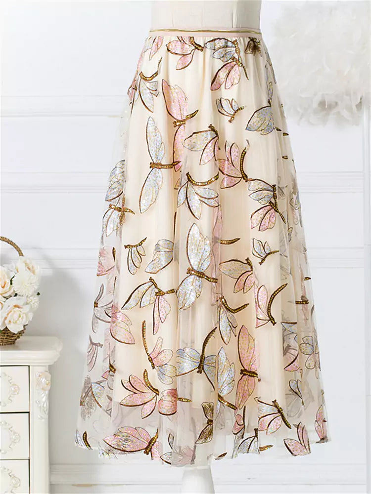 Fashion Sequin & Butterfly Embroidered Tulle Midi A-Line Skirt for Women