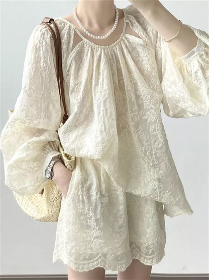 Conjunto de dos piezas de encaje blanco bordado estilo francés para mujer