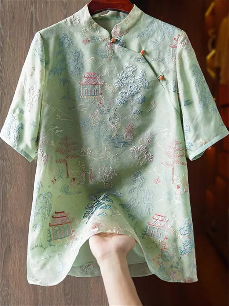 Green Vintage Chinese Style Silk Embroidered Diagonal Placket Blouse for Women