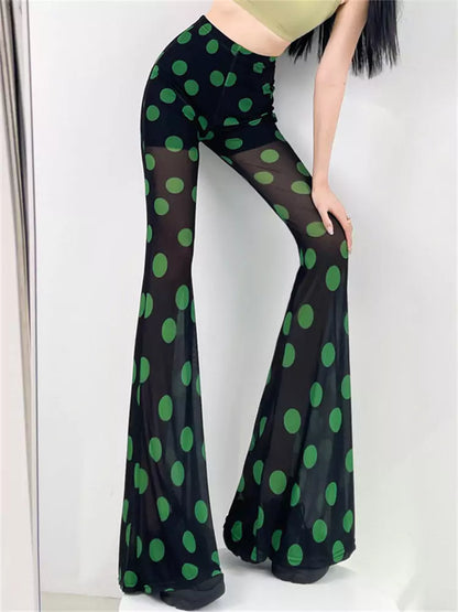 Pantalones acampanados de cintura alta con lunares y malla transparente de verano para mujer