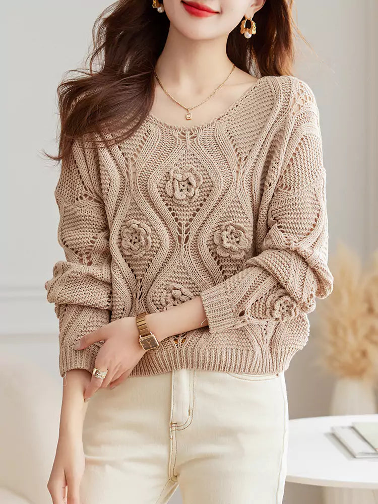 Elegant Cropped Knit Sweater with Hollow-Out Design Women