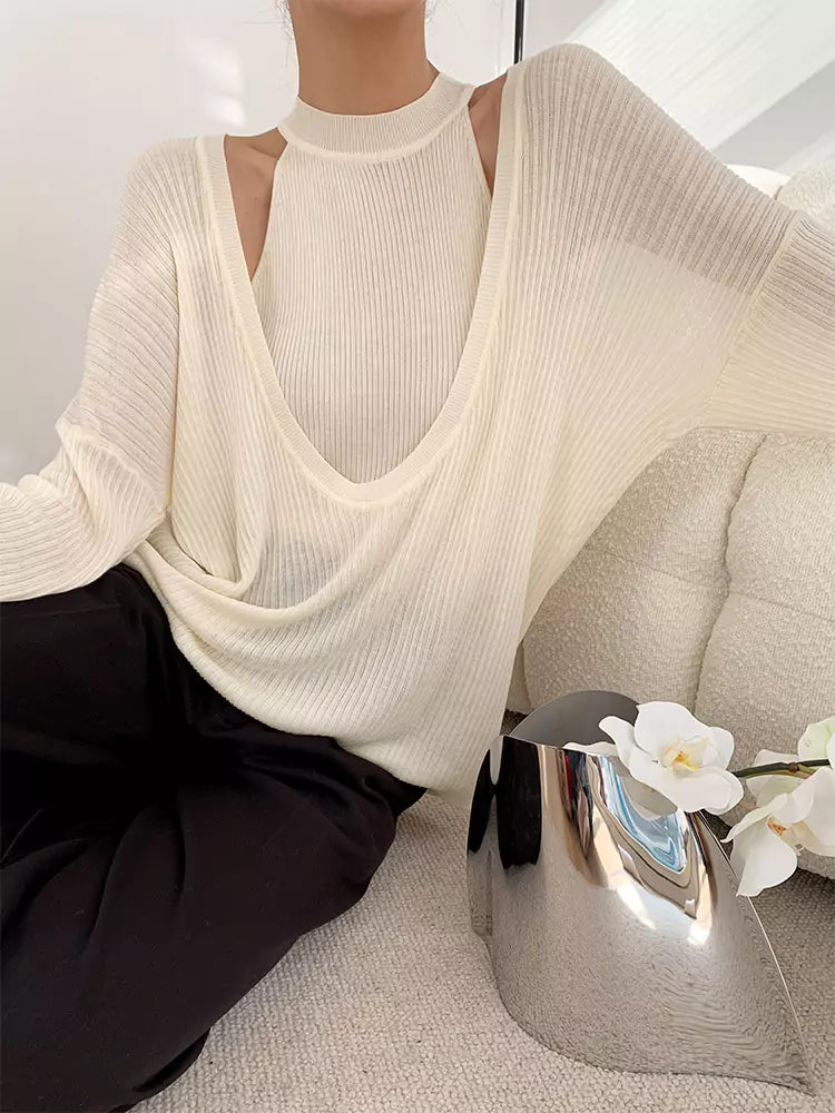 Halter Neck Knit Tank Top with Loose U Neck Pullover Two-Piece Set for Women