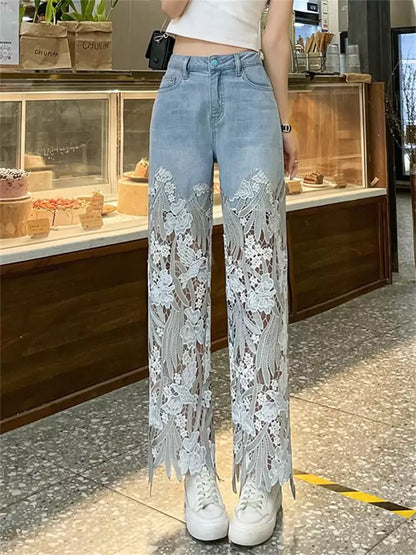 Vintage Straight Leg Denim Pants with Unique Lace Patchwork for Women