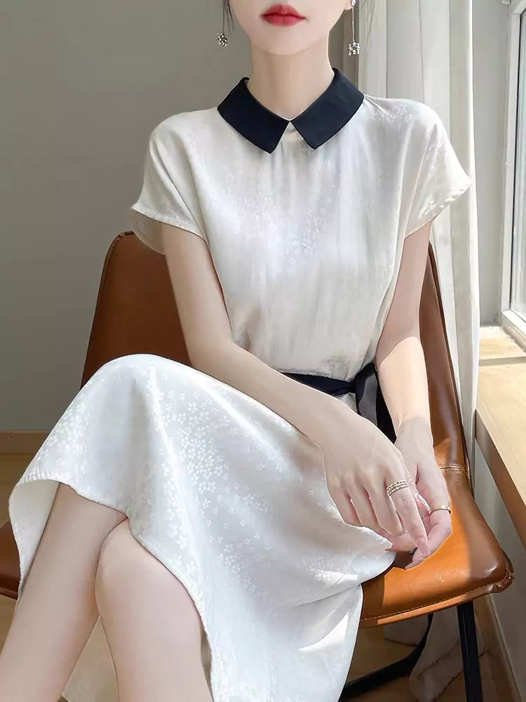 Acetate Satin Printed Midi Dress with Doll Collar and Waist Tie for Women