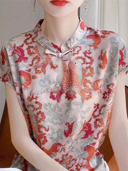 Vintage Chinese Style Jacquard Satin Short Sleeve Loose Blouse for Women