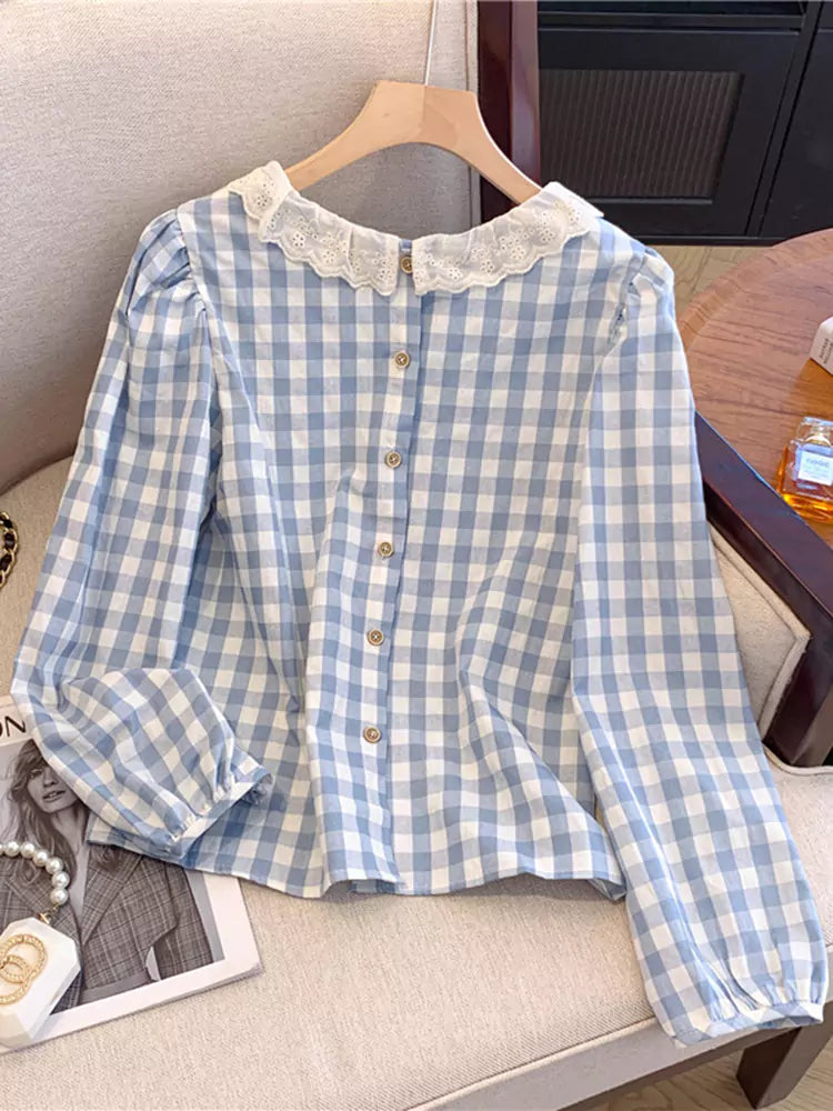 French Style Long Sleeve Plaid Shirt with Lace Trim for Women