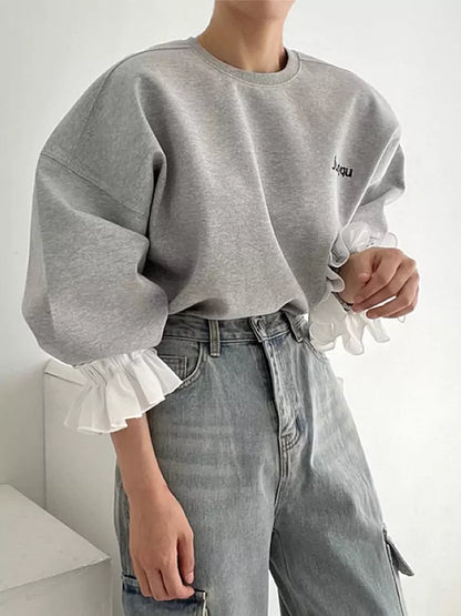 Chic Vintage Round Neck Patchwork Balloon Sleeve Loose Letter Embroidered Sweatshirt for Women