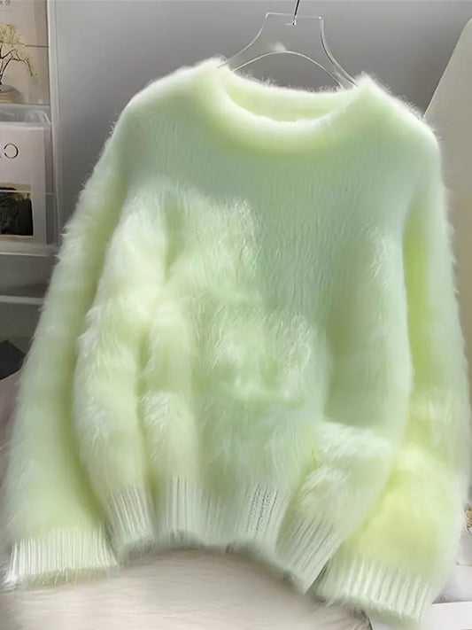 Green Round Neck Mohair Knit Sweater for Women in Relaxed Casual Style