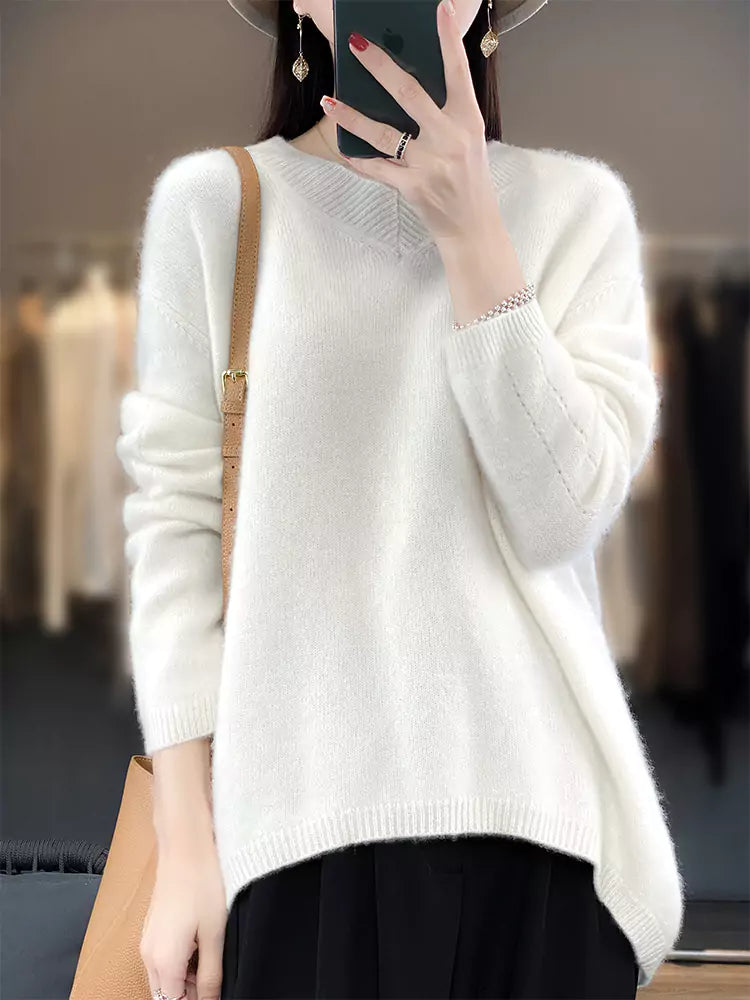 Women’s Camel V-Neck Wool Sweater with High-Low Hem in Loose Thickened Cozy Style